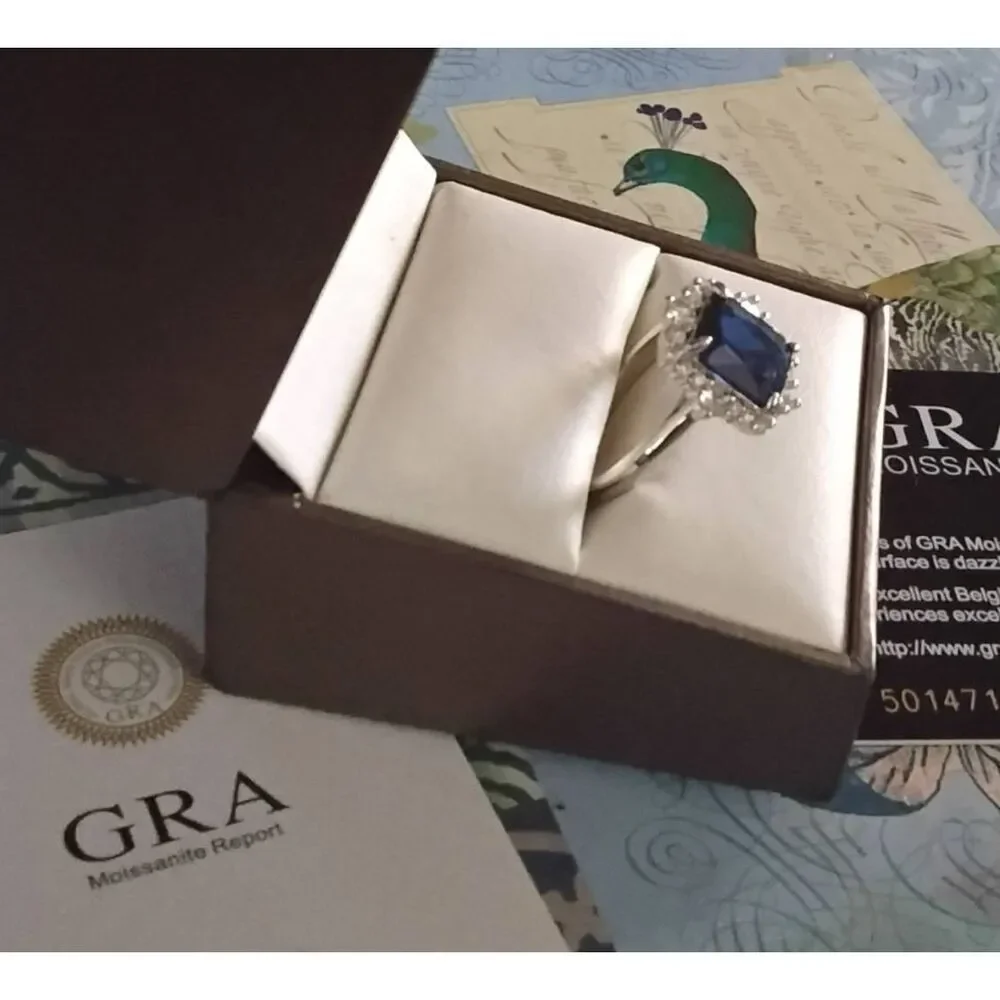 CERTIFIED Genuine Blue & White Moissanite Emerald Cut Halo Engagement Ring #8